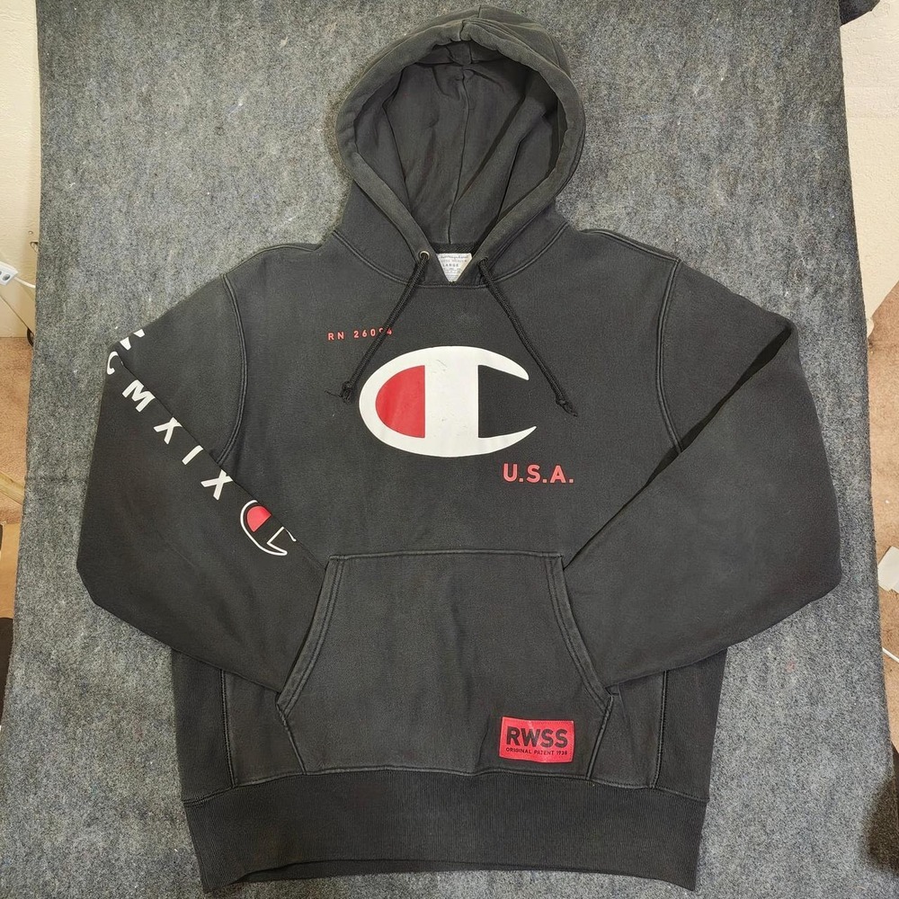 Champion Reverse Weave Hoodie Black MCMXIX Sleeve Graphic Mens Large S2974 003